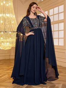 SUPGIR Women's Square Neck Dolman Sleeve Waist Cinched Luxurious Jewel Embroidered Ruffle Hem Split Hem Evening Gown - Navy Blue - View 1