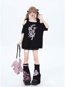 [Jundakara] Camisetas para Mujeres Sin Hombros Estampado de Mariposa Lindo Soñador Estilo Harajuku Estilo Coreano Estilo Preppy Estilo Landmine Estilo Sick Estilo Subcultura Estilo Genial Estudiante Sexy Moda Hogar Lindo Hombro Abierto Primavera Verano Otoño - Negro - Ver 2