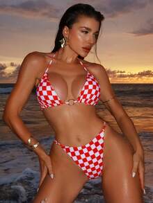 SunTide Bikini Rot Weiß Gingham Karomuster Neckholder Dreieck Bikini mit goldenem Ring Dekor 2-teiliges Set, Sommer Strand Sonnenuntergang verspielt sexy - Rot-Weiß - Übersicht 6