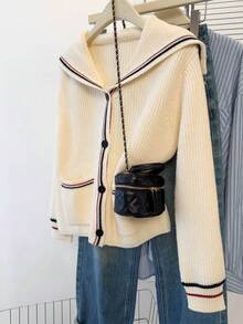 JIANHU 奶油色水手领针织开衫 - 秋冬款，黑红条纹饰边，4 颗纽扣 | 圣诞派对和校园约会 - 白色 - 查看 3