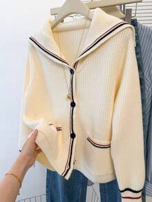 JIANHU 奶油色水手领针织开衫 - 秋冬款，黑红条纹饰边，4 颗纽扣 | 圣诞派对和校园约会 - 白色 - 查看 5