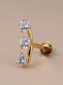 1pc Fashionable Shiny Elegant Stainless Steel 3 Crystal Zirconia Ear Cartilage Piercing Earrings, Flat Back Anti-Allergic Ear Studs, Earlobes Earrings, Flat Lip Rings, Nose Rings, Girls Silver Ear Cuff Piercing Jewelry, Screw Back, Internal Thread, 16G - A Pair Of Flat-bottomed Curved  Stud Earrings - View 9