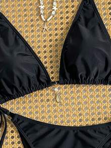 Conjunto de bikini de 2 piezas de SunTide con parte superior de triángulo de atar en color negro sólido y camisa transparente como cubridor, para playa, fiesta nocturna de verano, sexy y elegante - Negro - Ver 7