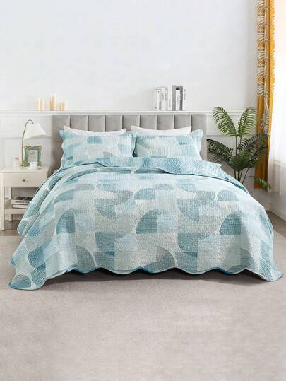 Juego de 3 Piezas Colcha Edredón Tamaño Queen Con Patrones Geométricos Y Florales.,Incluye 2 Fundas de Almohada(220*240CM)