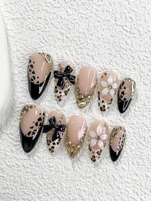 10Pcs/Pack Handmade Y2K Style Nail Tips, Milky & Black Color With French Tips, Bow, Rhinestone, Manual Flower Designs Decoration, Leopard Press On Nails,3 Sizes Available, Almond Nails, Duck Nails, Coffin Nails, Comes With Nail Tools(1 Sheets Jelly Stickers+1PC Nail File)Suitable For Women & Girls Party, Wedding, Daily Wear, Including Nail Tools, Great Gift For Ladies Press On Nails Nail Supplies Nails - 彩色 - 查看 19