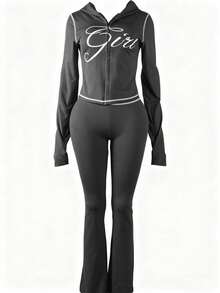 FQLWL 女士休闲街头风运动套装，印花拉链连帽衫和长裤套装，长袖两件套，春季款 - 深灰色 - 查看 2