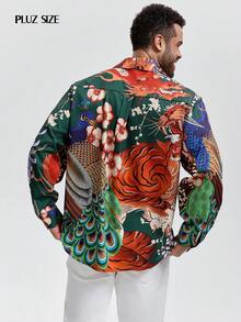 1pc Men's Floral Print Lapel Single-Breasted Long Sleeve Casual Shirt, Elegant For Holiday Party, Vacation, Commute, Plus Size - Red - View 2