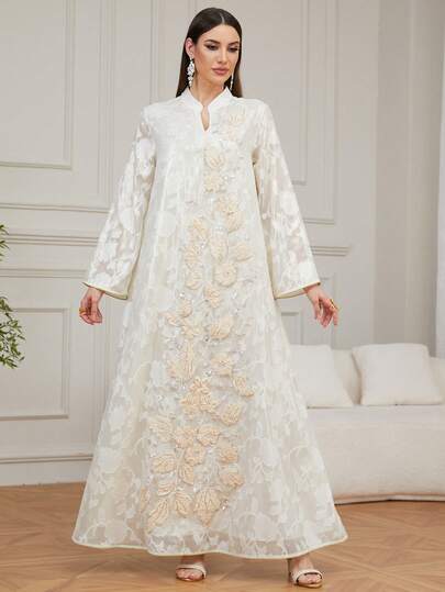 Women's Elegant Kaftan Robe, V-Neck, Embroidered, Beaded, Long Jalabiya Robe, Suitable For Banquet, Date, Daily Wear, And Home Vacation Spring