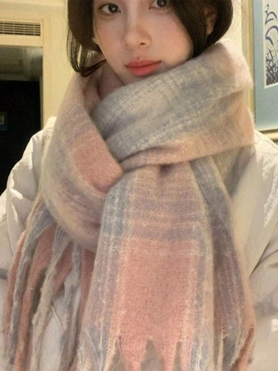 女士粉色格子围巾，保暖披肩，2025新款，学生风颈部保暖围巾，冬季款 - 粉色 - 查看 1