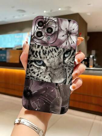 Fashionable, Popular, Personalized,Stylish Leopard Pattern With Blue Eyes And Purple Floral Decorations Pattern Design Theme Luxury Shockproof Aesthetic Cute Phone Case,Lens Protrusion Protection , Compatible With For IPhone 17/17Pro/17Pro Max, 16,15,14, 13, 12, 11 Plus/Pro Max And Series