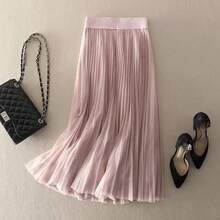 LuminousWealth Women's Elegant Pleated Mesh A-Line Skirt, Suitable For Casual Or Office Wear, Minimalist & Graceful | Polyester Mesh Skirt, Suitable For All Seasons, Great For New Year, Parties - Pink - View 4