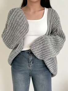 Plus Size Women Elegant Loose Knitted Cardigan Sweater, Casual Everyday Wear, Autumn/Winter - Grey - View 2