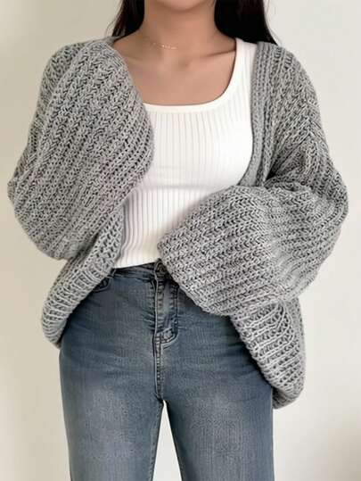 Şık Rahat Bol Kesim Büyük Beden Düz Renk Örme Hırka, Çok Yönlü Genç Kadın Uzun Kollu Önü Açık Kazak