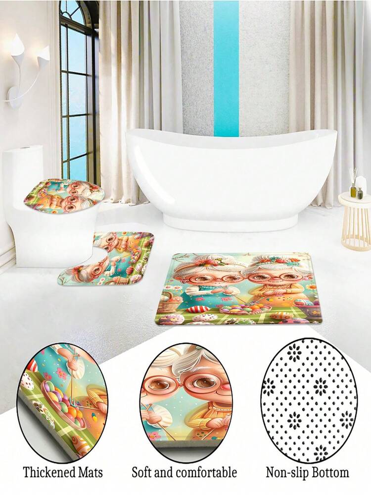 1/4pcs Cute Easter Grandma Bathroom Curtain Set, Suitable For All Seasons And Holidays, Includes Shower Curtain, Toilet Lid Cover, Bath Mat, Etc. Features Light Green Background With Cartoon Grandma, Painted Easter Eggs, And Floral Decorations, Creating A Warm And Festive Atmosphere. Fits Bathroom Scenes, Great For Refreshing Bathroom Decor Or Creating A Cozy Holiday Space During Easter, Also Suitable As An Easter Gift. - Multicolor - View 7