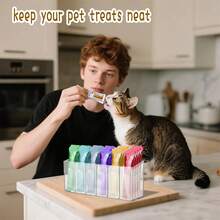 1个可舔食猫零食收纳盒，台面亚克力零食储物架，挤压式猫粮储物罐，带可拆卸隔板，湿猫零食收纳盒，适用于厨房橱柜、食品储藏室、冰箱，多功能节省空间储物盒