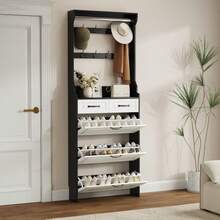 Black Shoe Cabinet With Coat Rack, 3 Doors, 2 Drawers - Black and White - View 5