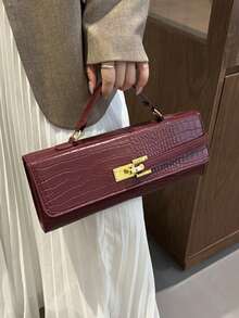 New BV Style Crocodile Embossed Structured Baguette Bag, Burgundy Fashion Personalized Crease Handbag, Strap Decor, Unique Metal Lock Closure, Women's Party Evening Bag, Commute Shoulder Crossbody Bag, Suitable For Office, Dating, Wedding, Gift, Prom, Valentine's Day, Daily Use - Burgundy - View 3