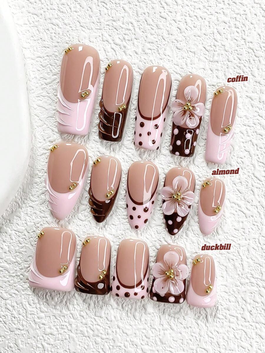 10pcs Y2K 3D Exquisite Vivid Flower Nail Kit, 3D Handmade Flowers Accent, Transparent Water Droplets Design,Polka Dot Pattern False Nails,Glamorous Floral Elements French Manicure, Elegant Yet Youthful, Available In 3 Sizes, Including Nail Art Tools(1 Sheets Jelly Stickers+1PC Nail File),Suitable For Daily, Casual, Wedding,Holiday Wear, Best Gift For Women And Girls - 彩色 - 查看 1