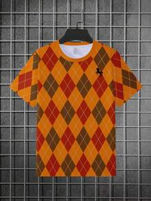 3D千鸟格印花男士T恤 - 多色（棕色/米色/白色/棕米色）休闲夏季短袖，透气圆领，可机洗条纹衬衫，适合派对、休闲穿着和叠穿 - 男士理想礼物 - 彩色 - 查看 3