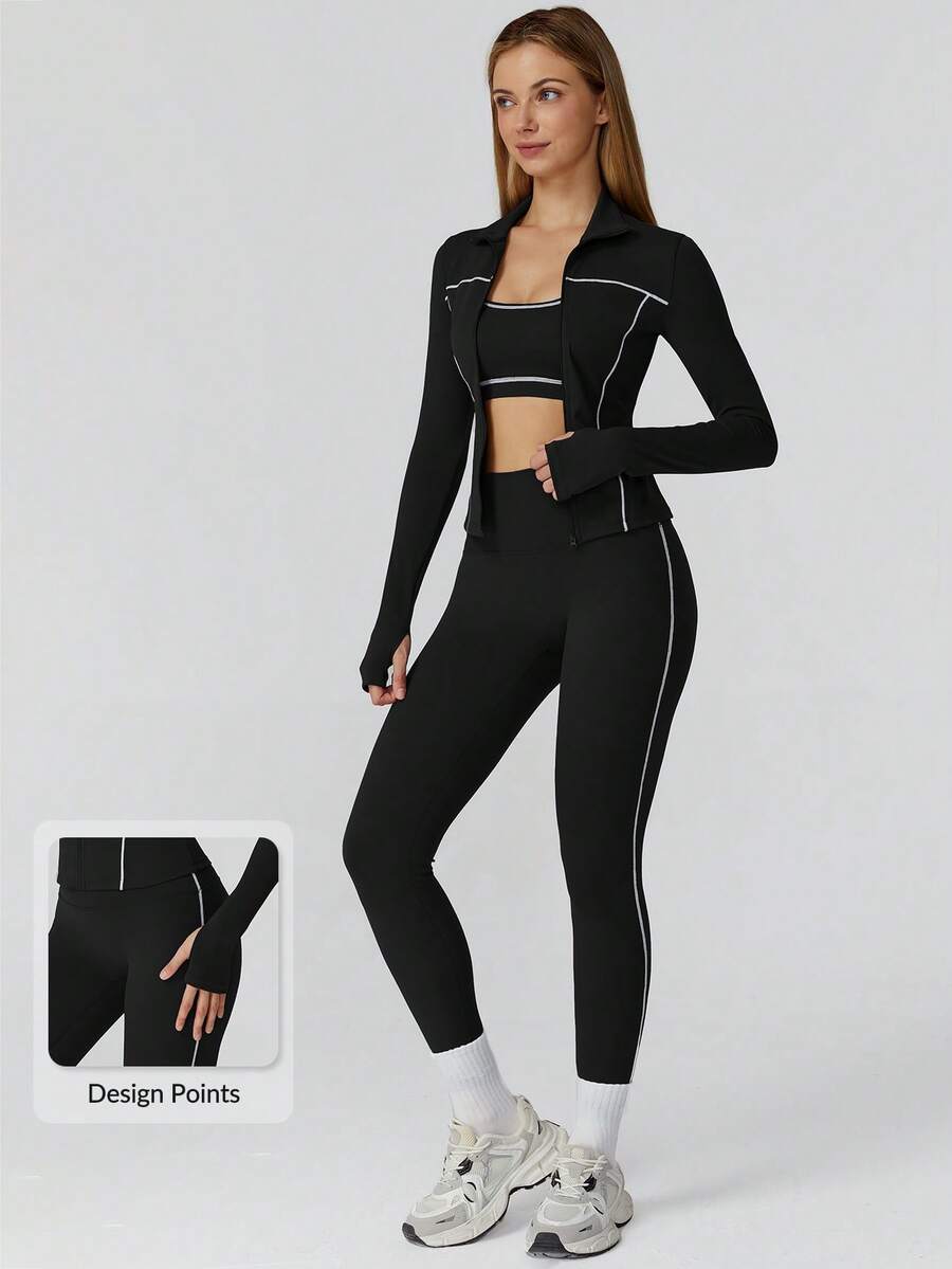 MASKERT 女士套装拼布外套女瑜伽服运动服健身服弹力拼布长裤紧身跑步服柔软舒适居家休闲 - 黑色 - 查看 1