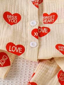 2pcs Baby Boy Casual Heart Pattern Short Sleeve Shirt + Shorts Set, Holiday Spring/Summer - Apricot - View 6