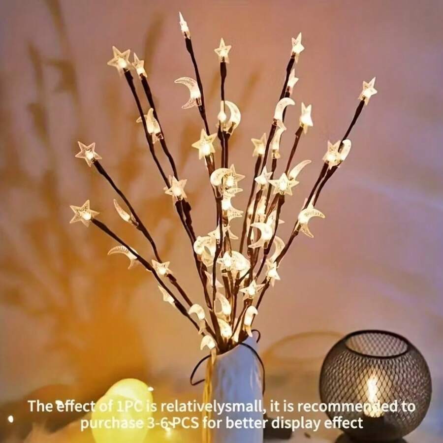 1pc 20 LED Branch Lights String With Moon & Star Pattern, Warm White, Battery Powered (Batteries Not Included), Suitable For Bedroom, Living Room And Indoor Decor - Star and Moon Tree Branch Lantern - View 1