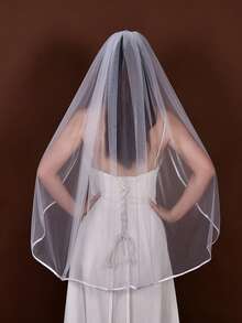 1pc Satin Edged Cathedral Wedding Bridal Veil With Comb, Suitable For Wedding, Bridal Accessories, Photography Props - 乳白色 - 查看 7