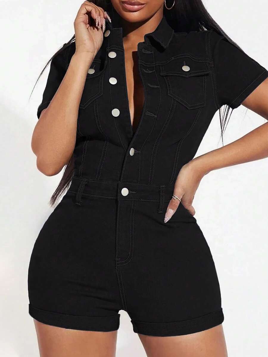 Women's Stretch Denim Jumpsuit - Summer Short Sleeved Button Up Front With Pocket Jumpsuit, High Waist Tight Casual Women's Workwear Shorts - 黑色 - 查看 1