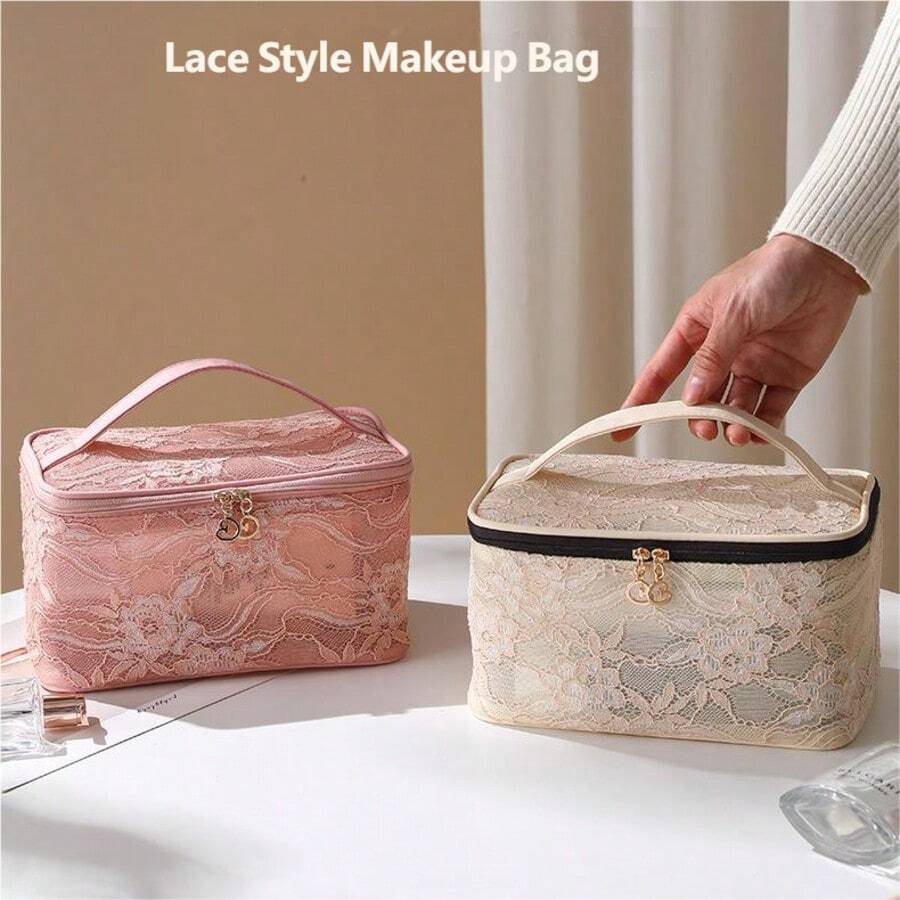 彩色蕾丝网眼化妆包 - 大容量轻便化妆包，便携式旅行化妆品和洗漱用品收纳包