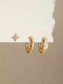 1套星叶925纯银耳环 女士经典耳钉 耳夹 永恒耳骨钉 适合日常佩戴 婚礼派对 订婚 圣诞礼物 精致珠宝 - 金色 - 查看 3