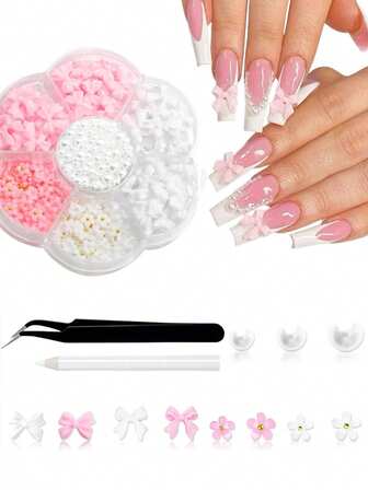 300pcs Bowknot Nail Charms & Peace Pearl, White & Pink Bowknot, 3D Cute Nail Charms, Bowknot Nail With Pen & Tweezers DIY Craft Nail Art Decor Accessories