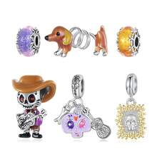 WOSTU 1 Pc 925 Sterling Silver Cute Murano Beads Skull Guitarist Guitar Spring Dachshund Charm Beads Pendant Fit Women DIY Fashion Jewelry Gift