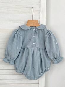 New Spring/Autumn Embroidered Corduroy Baby Girl Romper, Lapel Infant Princess Romper - Baby Blue - View 3