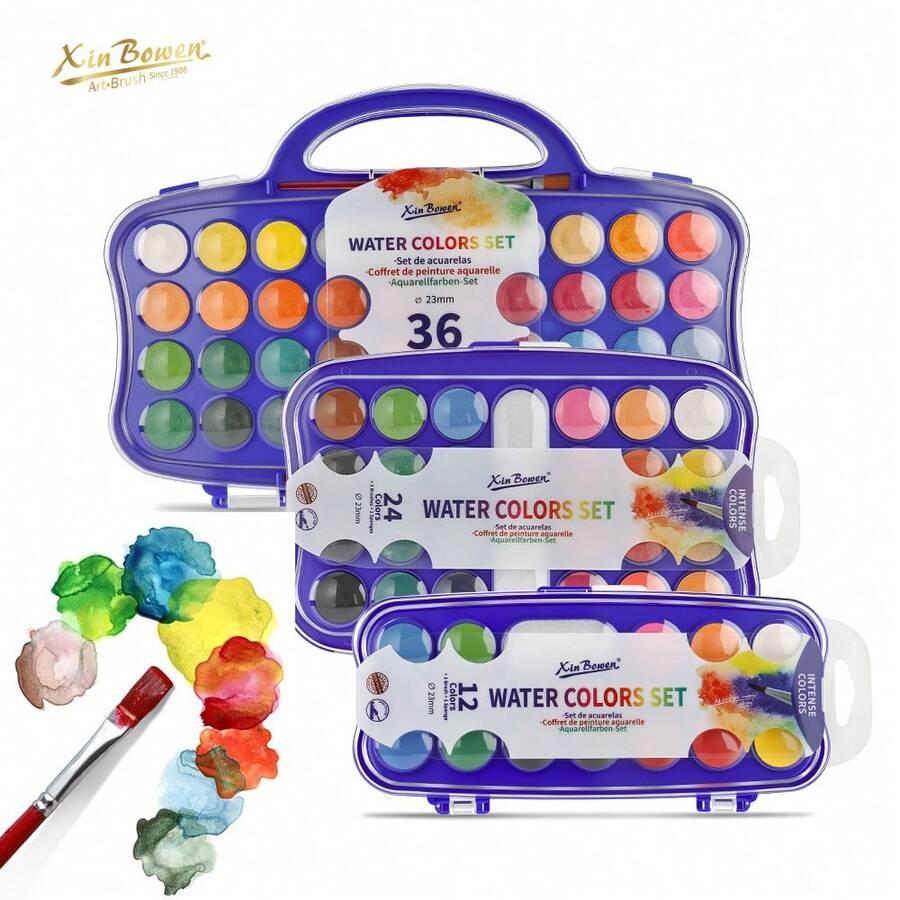 Conjunto de aquarela em pastilhas com 12/24/36 cores, pincéis e esponja absorvente. Lavável, fácil de misturar as cores, design portátil, perfeito para confecção de cartões, ilustrações, pintura e caligrafia. Ideal para artistas, estudantes e iniciantes. - Multicolorido - Ver 1