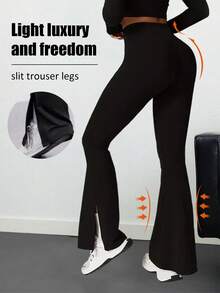 1 chiếc quần ống loe cạp cao dáng suông dành cho nữ, thiết kế xẻ tà bên hông cá tính, quần dài ôm sát mỏng nhẹ, quần legging thể thao tập thể dục yoga, quần ống rộng cạp cao ôm sát dáng suông, kiểu dáng ôm sát và co giãn, gấu quần xẻ độc đáo - Màu đen trơn, chất liệu polyester, có thể giặt tay/máy - Quần ống loe đa năng cho mọi mùa. - màu đen - Xem 4