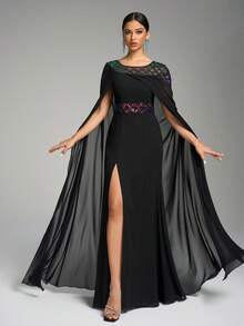 SUPGIR Váy voan cổ tròn, viền lưới ở eo, đính sequin và tay áo dài bồng bềnh - màu đen - Xem 2