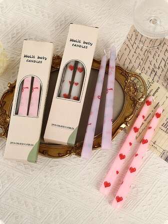 2pcs/Box Colorful Cone Shaped Printed Long Stem Candles, Holiday Decor Long Stem Candles 25cm, Smokeless Odorless Romantic Long Stem Candles