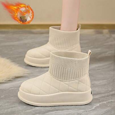 女士雪地靴，白色休闲鞋，运动鞋，冬季新品，户外加绒保暖，厚底设计，增高，时尚百搭的度假风格，学生户外徒步滑板鞋，平底棉质女鞋