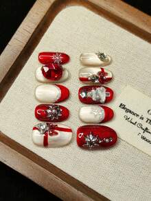 10片/套 手工美甲贴纸，按压式美甲贴，红色法式风格，包含圣诞树、闪粉、猫眼、雪花、星星、钻石花卉图案和3D红色蝴蝶结，女孩新年礼物，可重复使用 - 彩色 - 查看 7