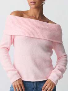 Women's Off Shoulder Crop Sweater Solid Color Boat Neck Long Sleeve Loose Knitwear Pullover - 粉色 - 查看 1