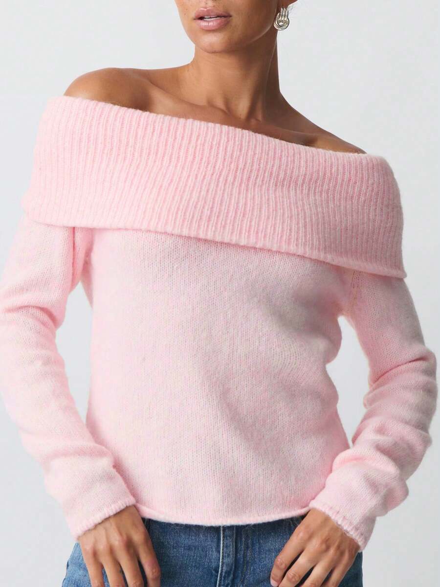 Women's Off Shoulder Crop Sweater Solid Color Boat Neck Long Sleeve Loose Knitwear Pullover - 粉色 - 查看 1