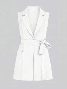 MICHELEE Sleeveless Tailored Vest With Adjustable Belt - White - View 1
