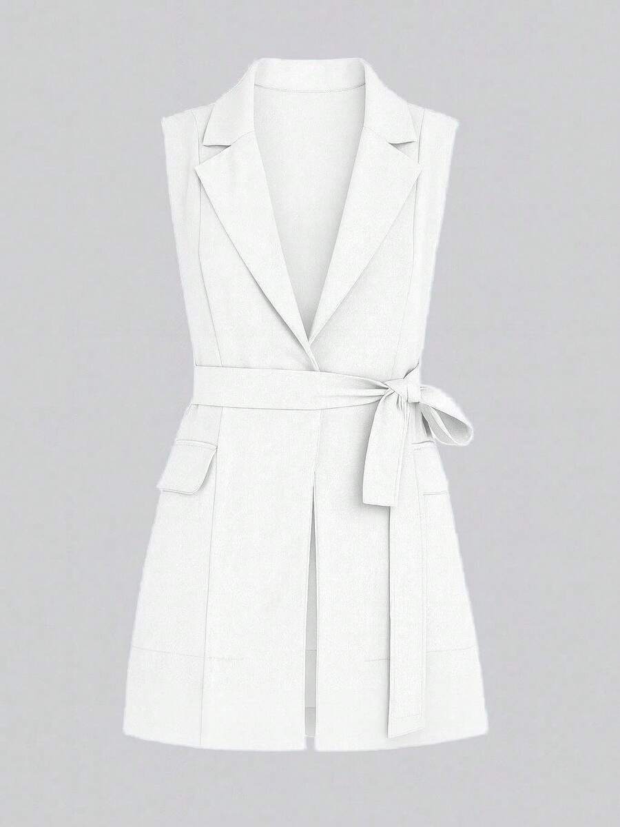 MICHELEE Sleeveless Tailored Vest With Adjustable Belt - White - View 1