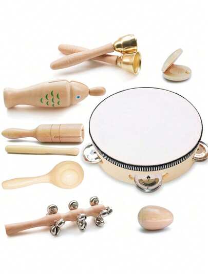 Wooden Orff Musical Instrument Toy Storage Bag, Fine Motor Percussion Music Education, Includes Bells, Drums, Egg Shakers, Etc.