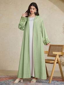 2pcs Women's Robe Set: Sage Green Floral Print Open Front Long Robe Paired With White Robe, Suitable For Daily, Religious And Social Occasions - Mint Green - View 4
