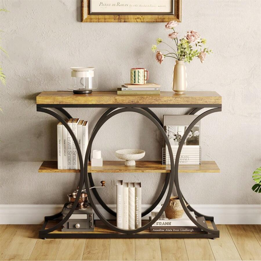 Mesas de Consola estrechas de 39 Pulgadas para Entrada, Mesa de sofá Industrial de 3 Niveles con Base Redonda de Metal y estantes de Almacenamiento para Sala de Estar, Pasillo, vestíbulo - Marrón - Ver 1