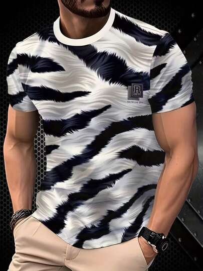 男士3D斑马纹黑白条纹T恤 - 透气短袖圆领，醒目的撞色腰部设计，休闲半正式场合皆宜，可机洗 - 夏季必备及叠穿单品（常规版型） - 白色/黑色/灰色/米色斑马纹图案，3D数码印花，宽松版型，不臃肿，面料顺滑，适合春、夏、秋季穿着，时尚舒适的收腰设计