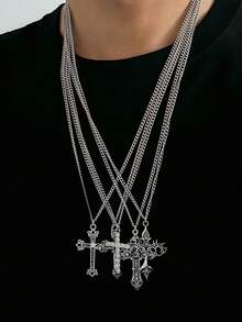 5件套时尚街头风十字架吊坠叠戴项链，适合日常佩戴，欧美流行饰品，简约十字架设计项链，圣诞节、情人节、新年礼物 - 銀色 - 查看 1