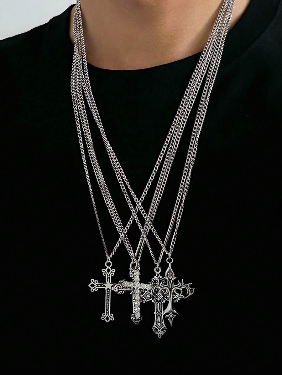 5件套时尚街头风十字架吊坠叠戴项链，适合日常佩戴，欧美流行饰品，简约十字架设计项链，圣诞节、情人节、新年礼物 - 銀色 - 查看 1