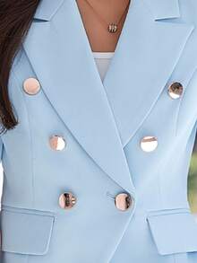 2pcs/Set Double-Breasted Suit Dress, Short Sleeve, High-Quality Elegant Professional Fitted Commuter Flat Lapel Comfortable Versatile Suit Dress Summer - Blue - View 5